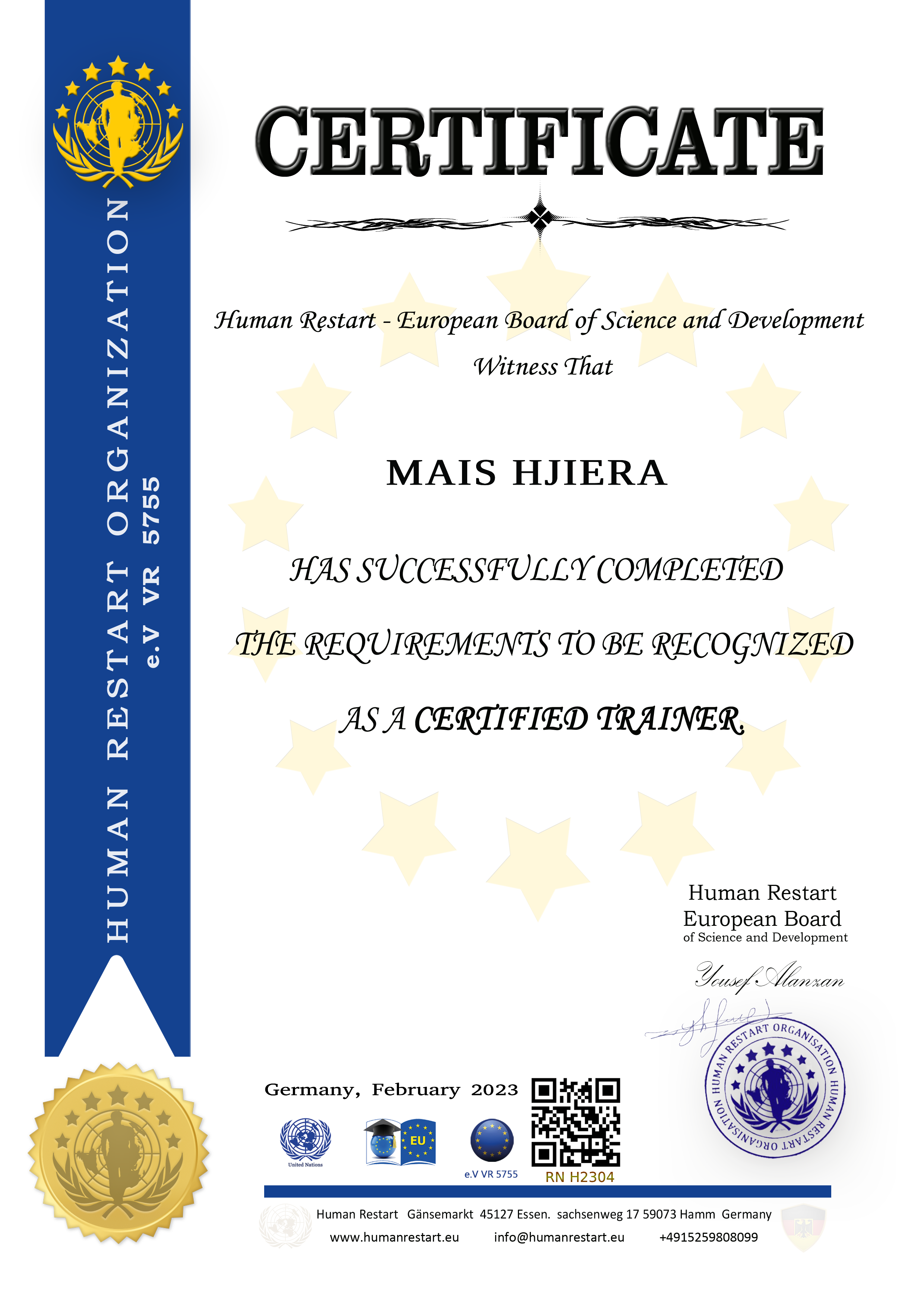 شهادة اعتماد ميس حجيرة مدرب معتمد من البورد الأوروبي للعلوم والتنمية هيومان رستارت في المانيا