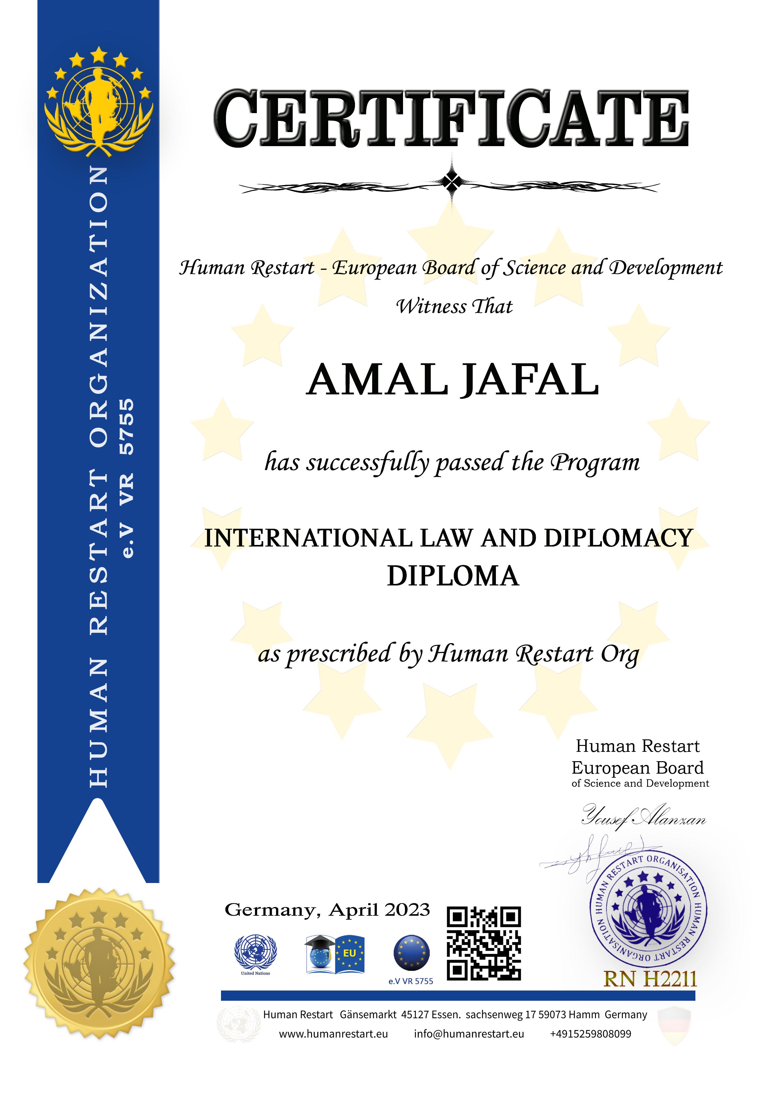 Cer AMAL JAFAL شهادة اعتماد امل جفال من البورد الأوروبي للعلوم والتنمية هيومان رستارت في المانيا قانون دولي وعلاقات دبلوماسية